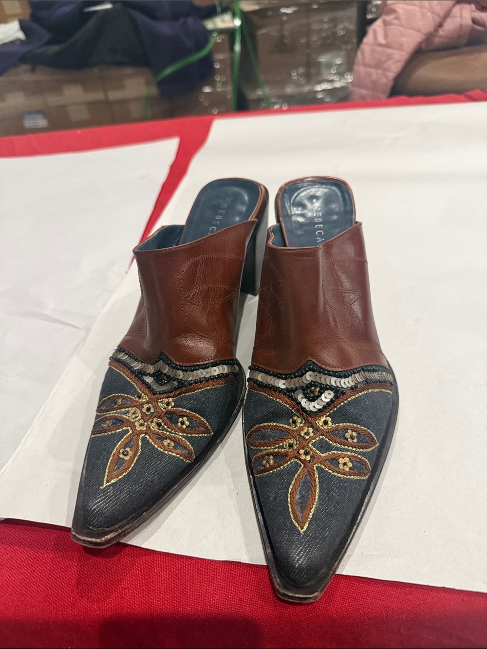 Rebeca Sanver Brown Leather and Navy Embroidered Mule Heels - Picture 2 of 5